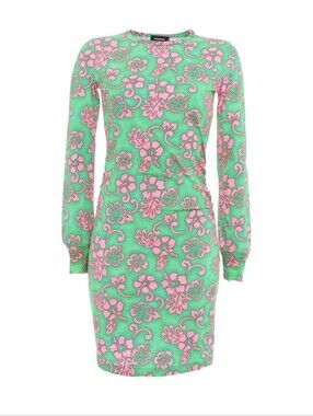 DSQUARED2 DESIGNER Mint and Pink Floral Long-Sleeve Shift Dress Sz L